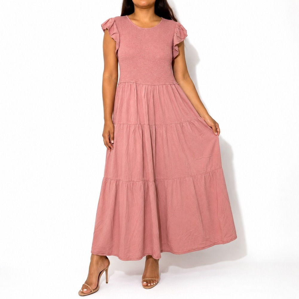 Zesica Smocked Tiered Maxi Dress Women Large Dusty Pink Pullover Flutter Sleeves